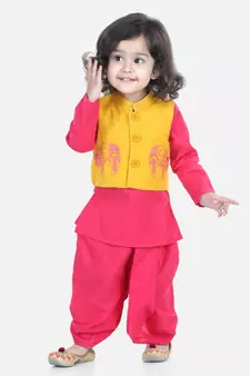 BownBee Front Open Embroidered jacket with Kurta Dhoti - Yellow