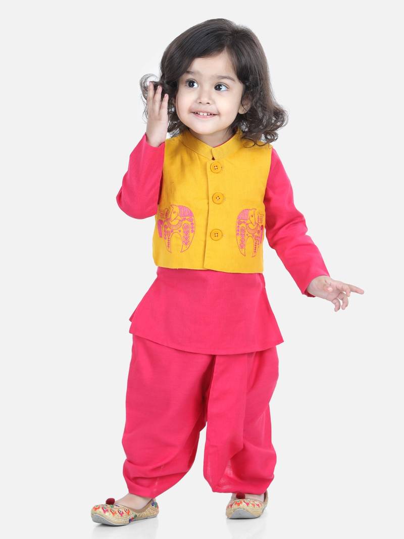 BownBee Front Open Embroidered jacket with Kurta Dhoti - Yellow