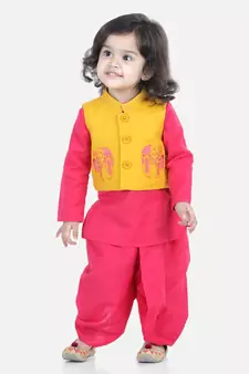 BownBee Front Open Embroidered jacket with Kurta Dhoti - Yellow