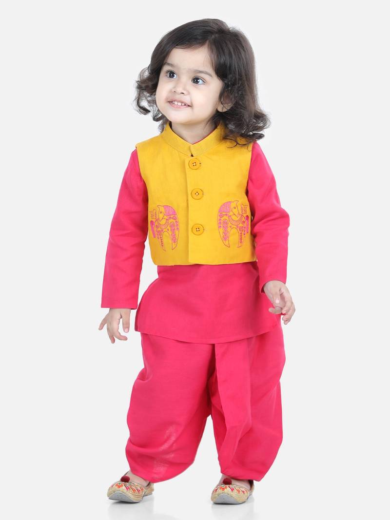 BownBee Front Open Embroidered jacket with Kurta Dhoti - Yellow