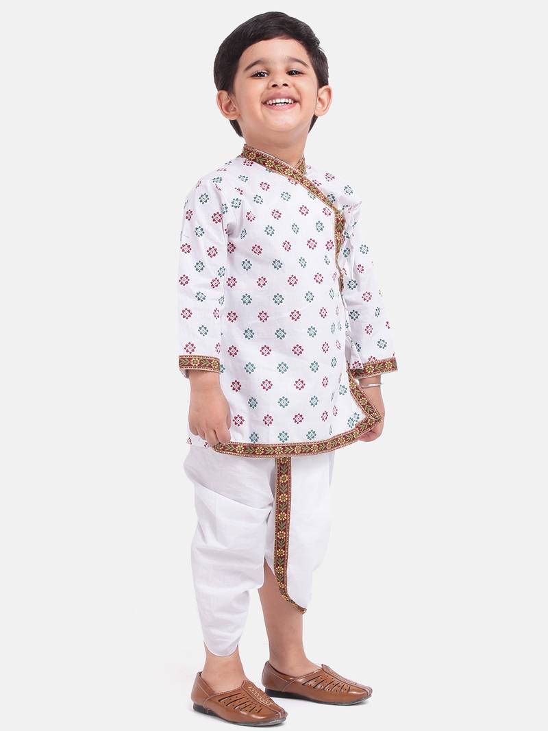 BownBee Boys Full Sleeve Cotton Kanhaiya Kurta with Dhoti Set White