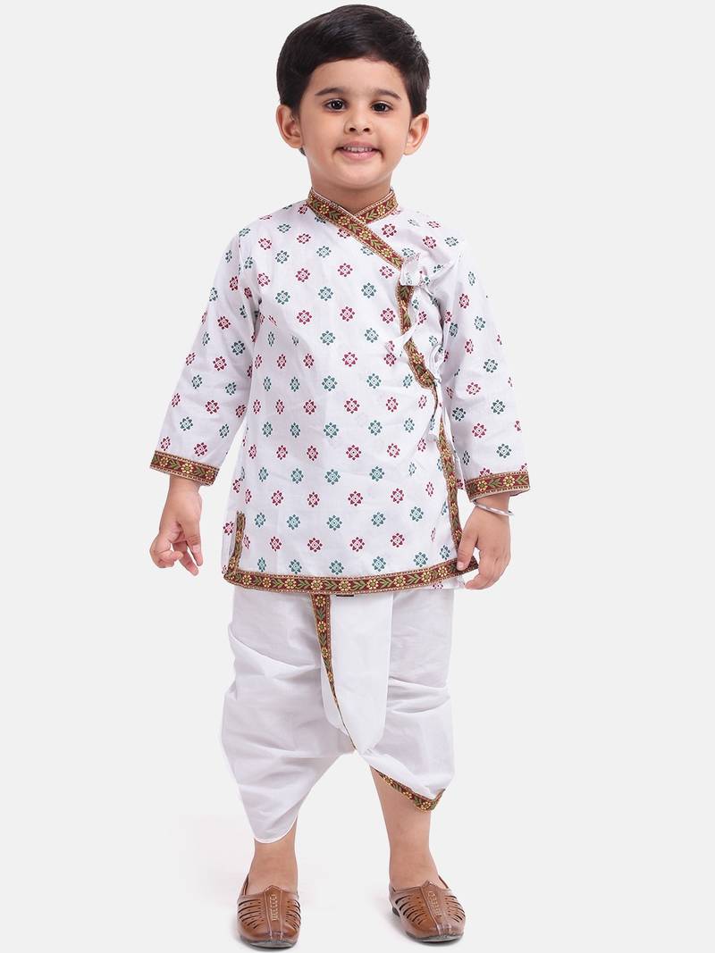 BownBee Boys Full Sleeve Cotton Kanhaiya Kurta with Dhoti Set White