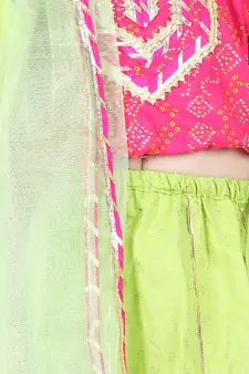 BownBee Girls Printed Cotton Frill Sleeves Top with Lehenga for Girls- Pink