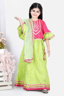 BownBee Girls Printed Cotton Frill Sleeves Top with Lehenga for Girls- Pink