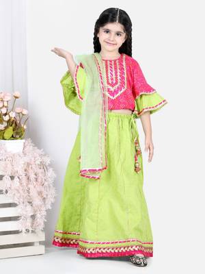 BownBee Girls Printed Cotton Frill Sleeves Top with Lehenga for Girls- Pink 1