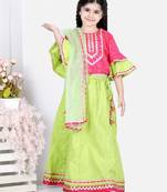BownBee Girls Printed Cotton Frill Sleeves Top with Lehenga for Girls- Pink