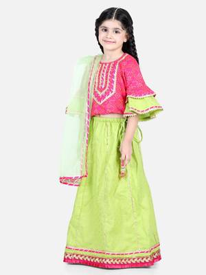 BownBee Girls Printed Cotton Frill Sleeves Top with Lehenga for Girls- Pink 3