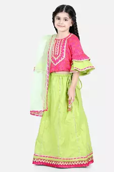 BownBee Girls Printed Cotton Frill Sleeves Top with Lehenga for Girls- Pink