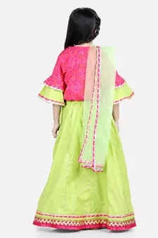 BownBee Girls Printed Cotton Frill Sleeves Top with Lehenga for Girls- Pink
