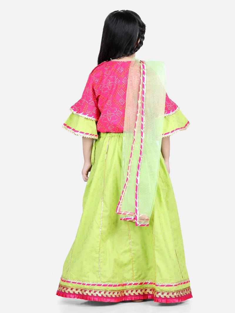 BownBee Girls Printed Cotton Frill Sleeves Top with Lehenga for Girls- Pink