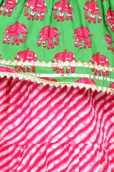 BownBee Girls Hathi Print Pure Cotton Top Leheriya Lehenga for Girls-Green