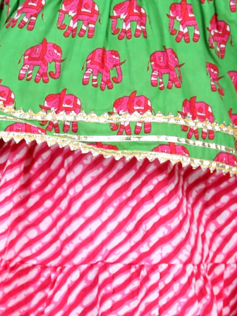 BownBee Girls Hathi Print Pure Cotton Top Leheriya Lehenga for Girls-Green