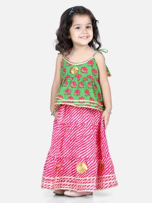 BownBee Girls Hathi Print Pure Cotton Top Leheriya Lehenga for Girls-Green 1