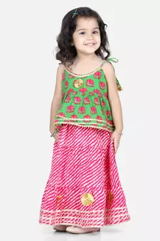 BownBee Girls Hathi Print Pure Cotton Top Leheriya Lehenga for Girls-Green