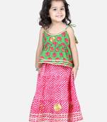 BownBee Girls Hathi Print Pure Cotton Top Leheriya Lehenga for Girls-Green
