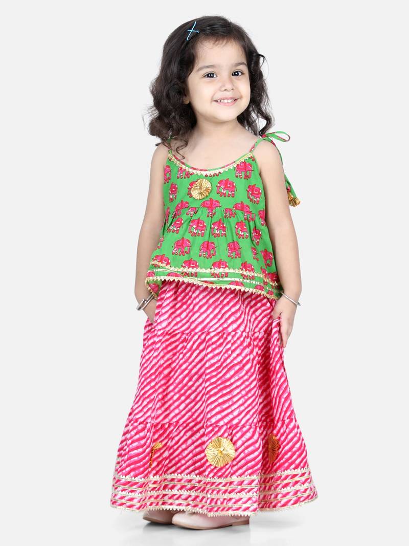 BownBee Girls Hathi Print Pure Cotton Top Leheriya Lehenga for Girls-Green