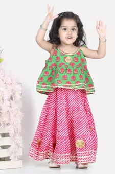 BownBee Girls Hathi Print Pure Cotton Top Leheriya Lehenga for Girls-Green