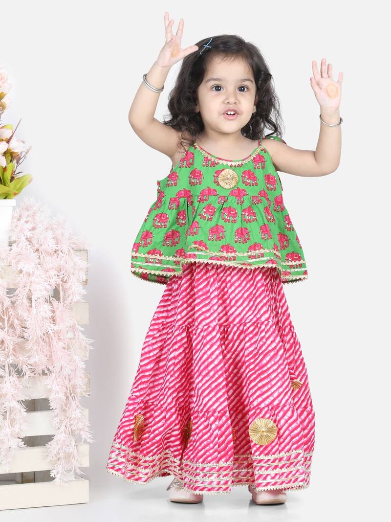 BownBee Girls Hathi Print Pure Cotton Top Leheriya Lehenga for Girls-Green