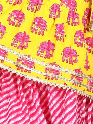 BownBee Girls Hathi Print Pure Cotton Top Leheriya Lehenga for Girls-Yellow 2