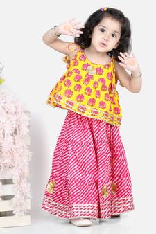 BownBee Girls Hathi Print Pure Cotton Top Leheriya Lehenga for Girls-Yellow