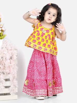 BownBee Girls Hathi Print Pure Cotton Top Leheriya Lehenga for Girls-Yellow 1