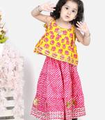 BownBee Girls Hathi Print Pure Cotton Top Leheriya Lehenga for Girls-Yellow