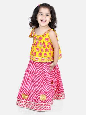 BownBee Girls Hathi Print Pure Cotton Top Leheriya Lehenga for Girls-Yellow 3