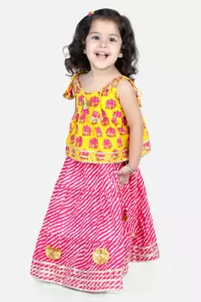 BownBee Girls Hathi Print Pure Cotton Top Leheriya Lehenga for Girls-Yellow