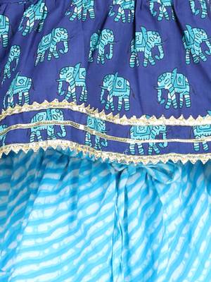 BownBee Girls Hathi Print Pure Cotton Top Leheriya Lehenga for Girls-Blue 2