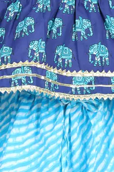 BownBee Girls Hathi Print Pure Cotton Top Leheriya Lehenga for Girls-Blue