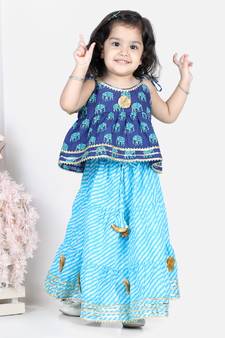 BownBee Girls Hathi Print Pure Cotton Top Leheriya Lehenga for Girls-Blue