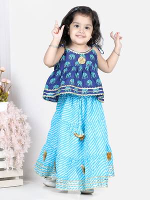 BownBee Girls Hathi Print Pure Cotton Top Leheriya Lehenga for Girls-Blue 1