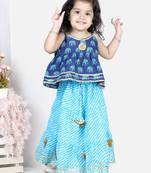 BownBee Girls Hathi Print Pure Cotton Top Leheriya Lehenga for Girls-Blue
