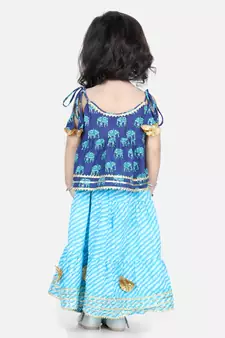 BownBee Girls Hathi Print Pure Cotton Top Leheriya Lehenga for Girls-Blue