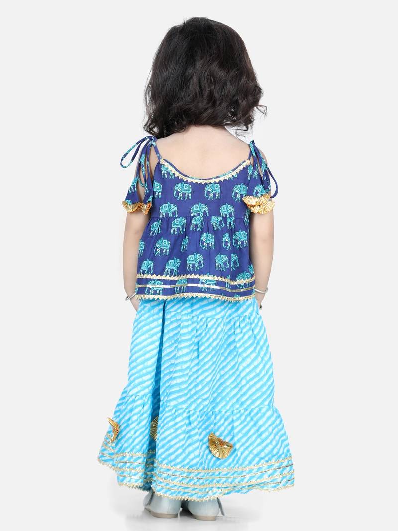 BownBee Girls Hathi Print Pure Cotton Top Leheriya Lehenga for Girls-Blue