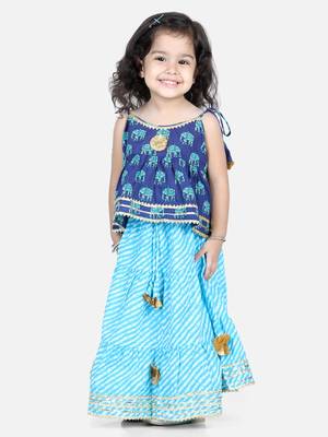 BownBee Girls Hathi Print Pure Cotton Top Leheriya Lehenga for Girls-Blue 4
