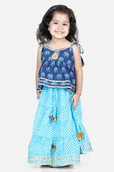 BownBee Girls Hathi Print Pure Cotton Top Leheriya Lehenga for Girls-Blue