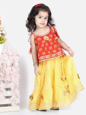 BownBee Girls Hathi Print Pure Cotton Top Leheriya Lehenga for Girls-Red 1