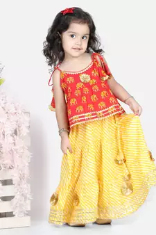BownBee Girls Hathi Print Pure Cotton Top Leheriya Lehenga for Girls-Red