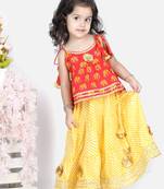 BownBee Girls Hathi Print Pure Cotton Top Leheriya Lehenga for Girls-Red