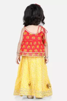 BownBee Girls Hathi Print Pure Cotton Top Leheriya Lehenga for Girls-Red