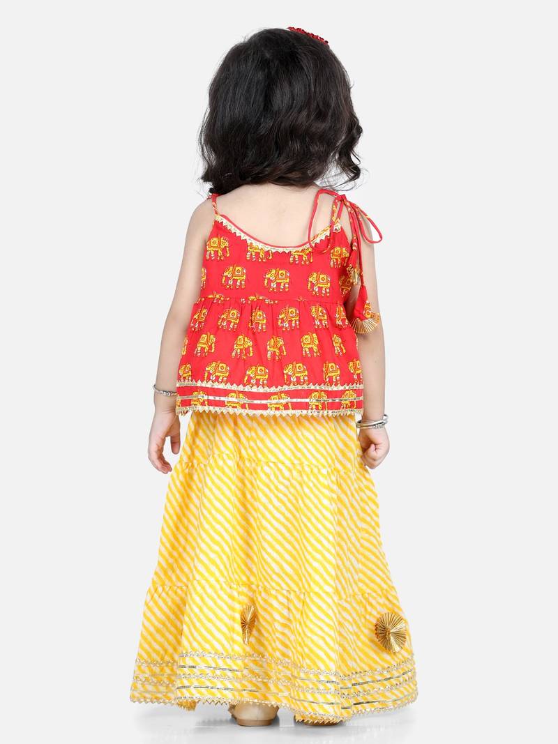 BownBee Girls Hathi Print Pure Cotton Top Leheriya Lehenga for Girls-Red