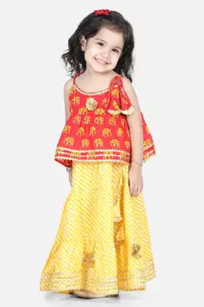BownBee Girls Hathi Print Pure Cotton Top Leheriya Lehenga for Girls-Red