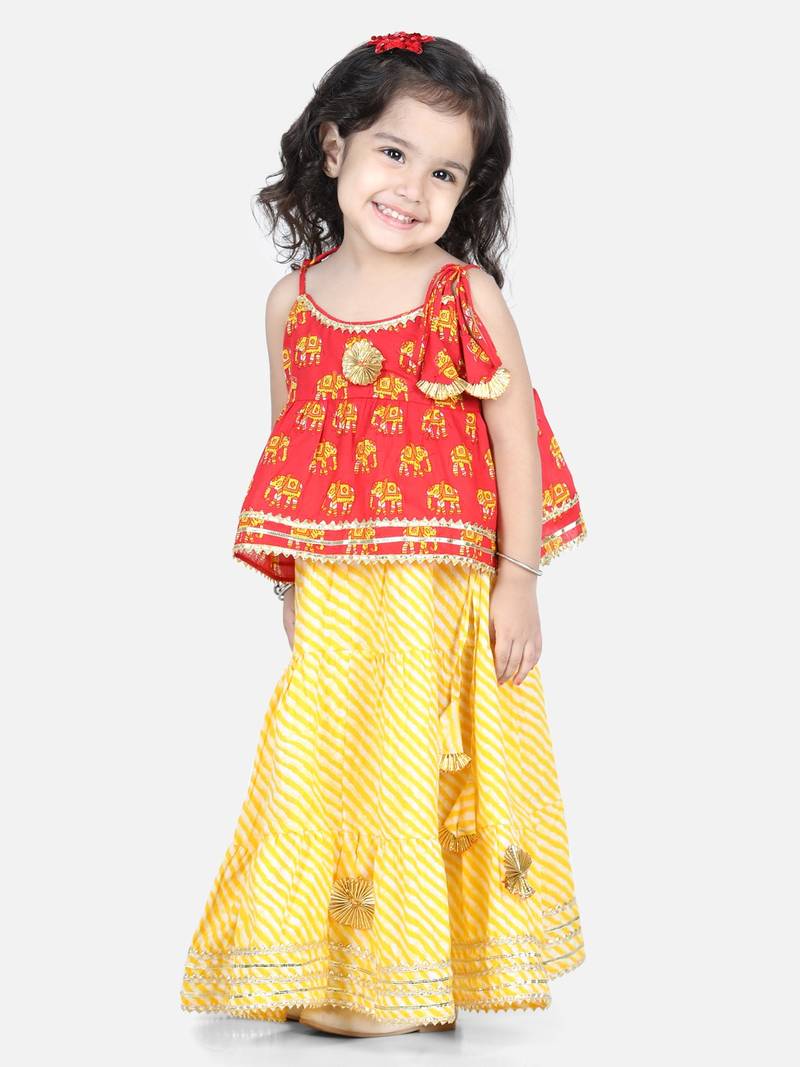BownBee Girls Hathi Print Pure Cotton Top Leheriya Lehenga for Girls-Red