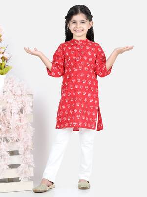 BownBee Block Print Cotton Kurta for Girls- Red BownBee 1