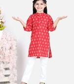 BownBee Block Print Cotton Kurta for Girls- Red BownBee