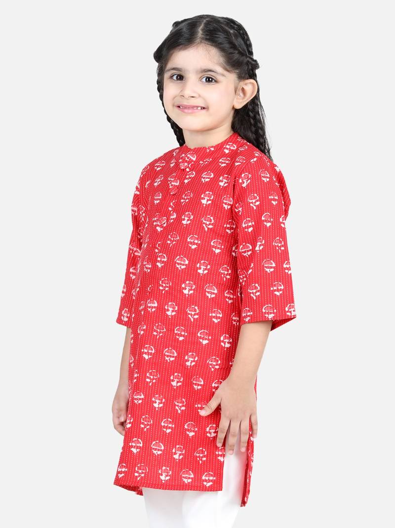 BownBee Block Print Cotton Kurta for Girls- Red BownBee