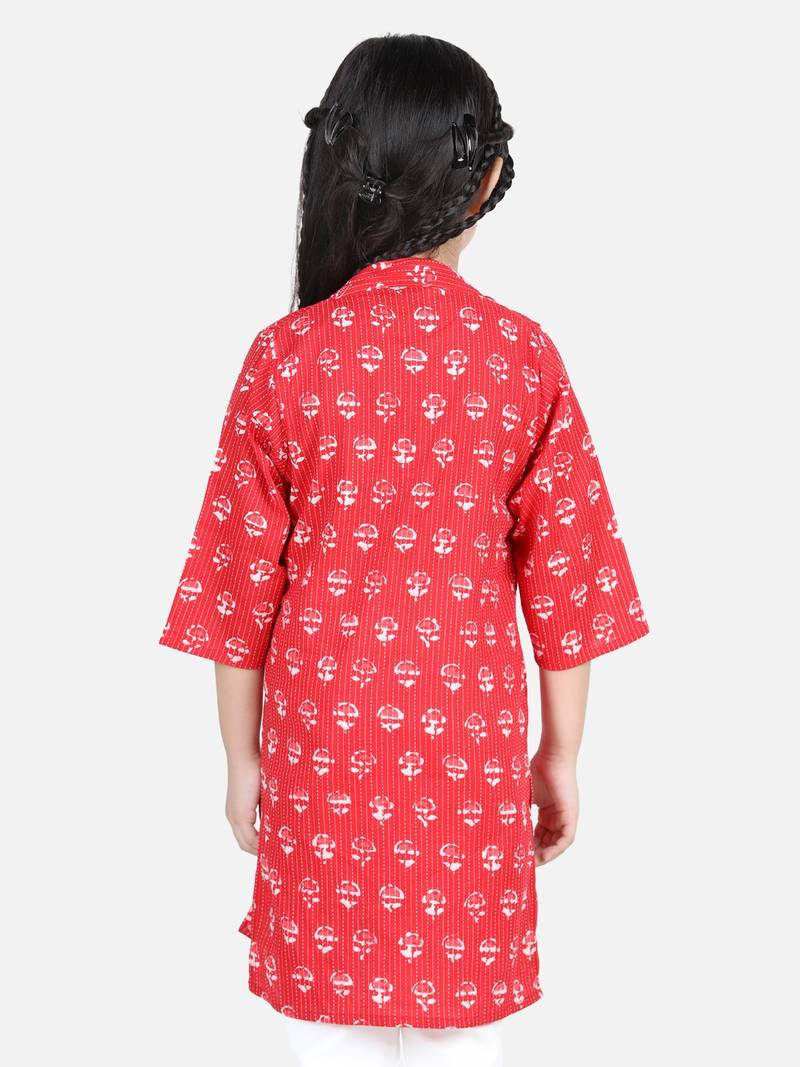 BownBee Block Print Cotton Kurta for Girls- Red BownBee