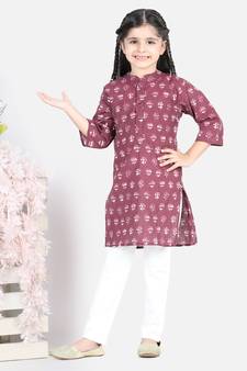 BownBee Block Print Cotton Kurta for Girls- Purple BownBee