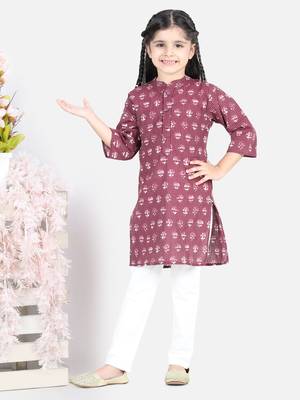 BownBee Block Print Cotton Kurta for Girls- Purple BownBee 1